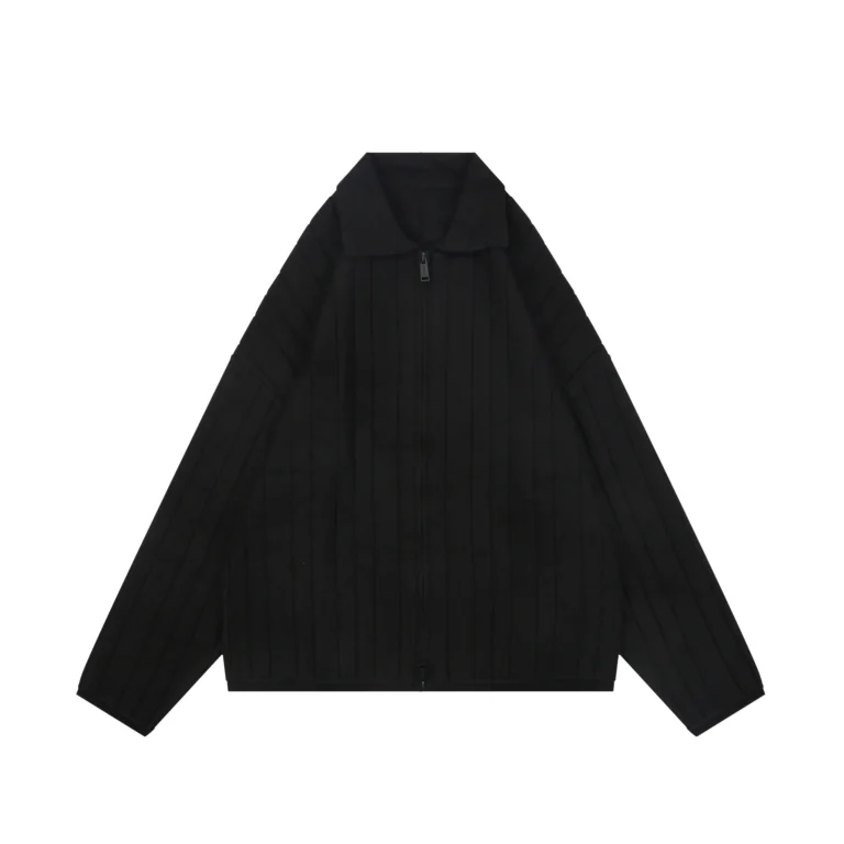 Back View TW Heavyweight Wool Fine Striped Ribbed Collar Knit Cardigan