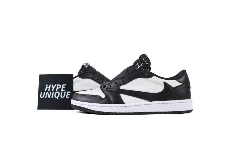 Travis Scott x Jordan 1 Low Panda Reverse Swoosh Sneakers Side Profile