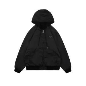 Front View Triangle Logo Reversible Nylon Cotton Hooded Jacket